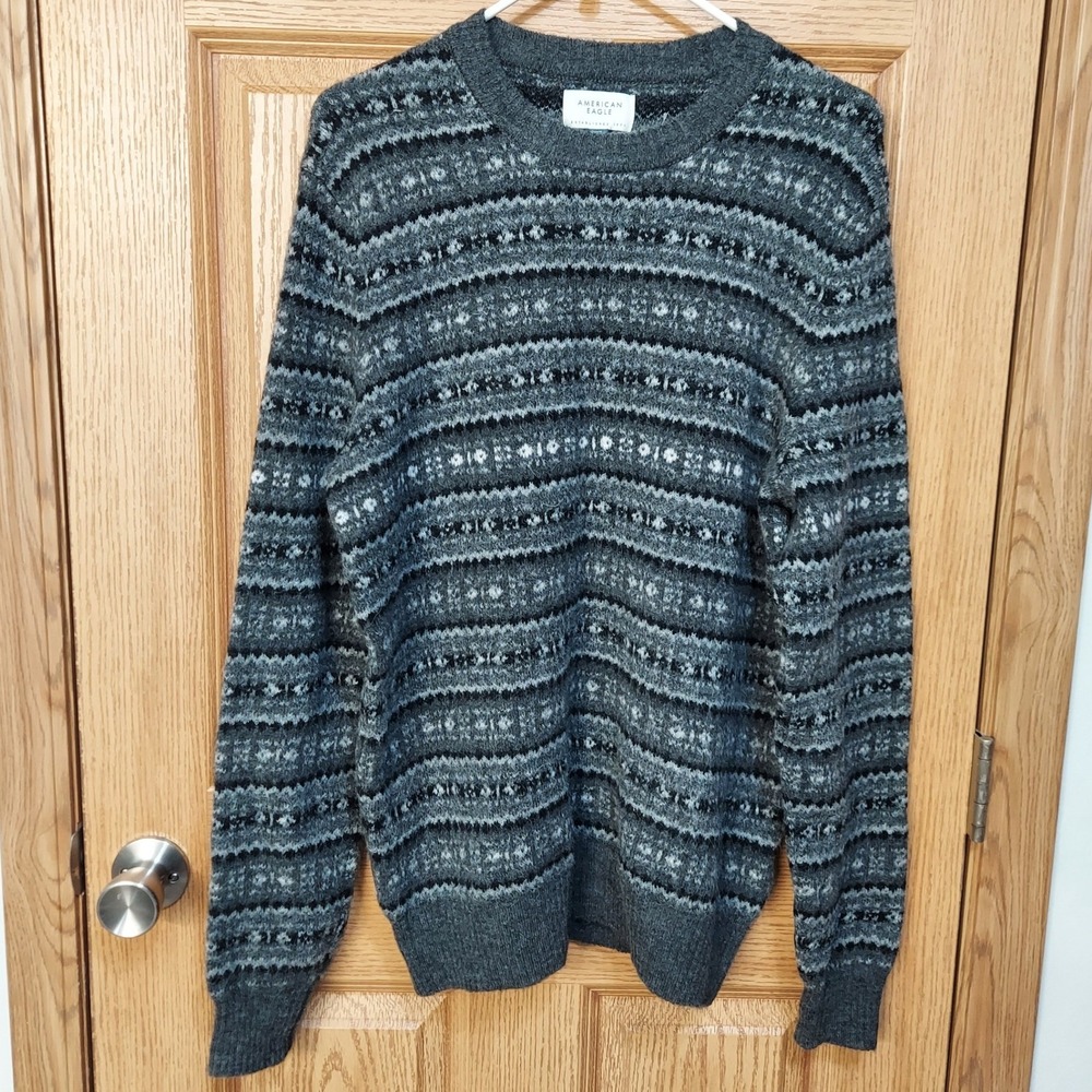 NWT‎ American Eagle Mens Fair Isle Crewneck Sweater Gray Black Knit Wool Blend M